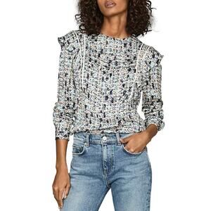 Reiss Cream Olivia Ditsy Print Ruffle Long Sleeve Peasant Blouse Top Size 10